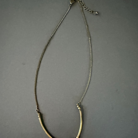 Boho Gold Tone Semi Circle Pendant Necklace Natural Stone Brass Textured Bold - Picture 6 of 6